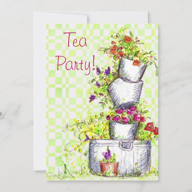 Tea Party Invitations Cottage Garden Flower Bucket (Front)