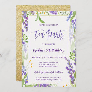 Tea Party Lavender Floral & Gold Birthday Girl Invitation