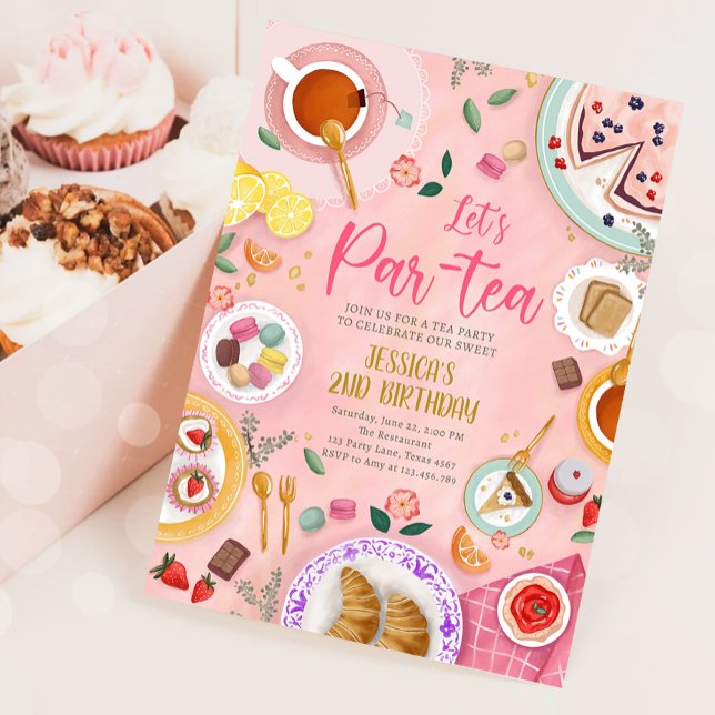 Tea Party Let's Par-Tea Girl Pink Gold Birthday Invitation (Creator Uploaded)