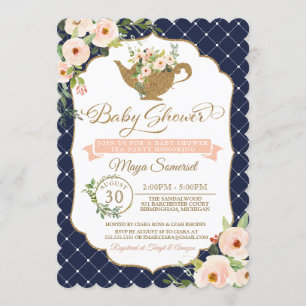 Tea Party Luxury Blush and Navy Floral Baby Shower Invitation