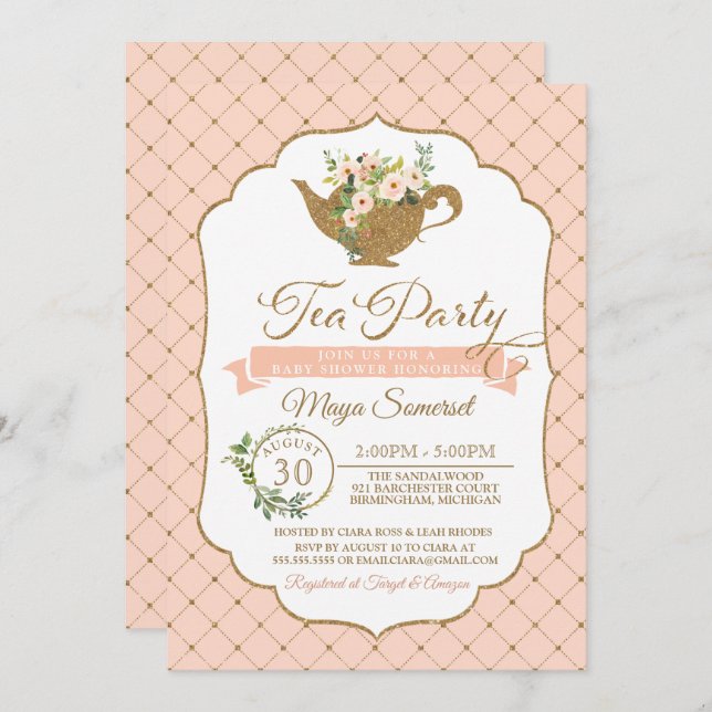 Tea Party Luxury Blush Floral Girl Baby Shower Invitation (Front/Back)