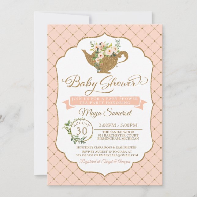 Tea Party Luxury Blush Floral Girl Baby Shower Invitation (Front)