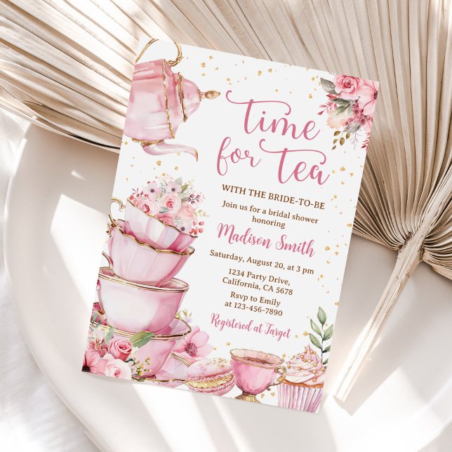 Tea Party Pink And Gold Floral Bridal Shower Invitation (Creator Uploaded)