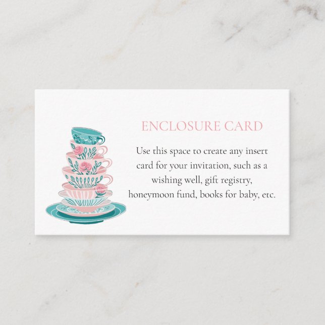 Tea Party Pink and Teal Teacups Custom Enclosure Card (Front)