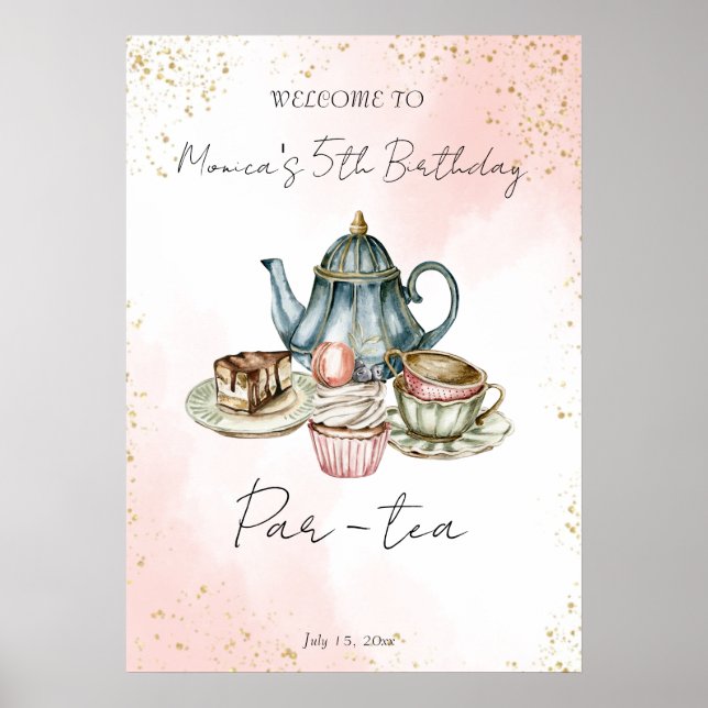 Tea party pink blue watercolor birthday welcome poster (Front)
