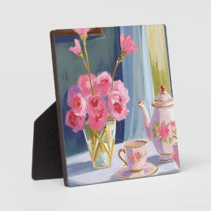 Tea Party Pink Flower Painting Floral Art Plaque