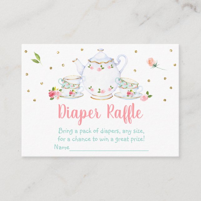 Tea Party Pink Gold Baby Shower Diaper Raffle Enclosure Card (Front)