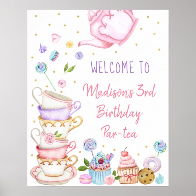Tea Party Pink Gold Floral Birthday Welcome Poster (Front)