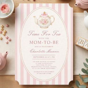 Tea Party Pink Striped Floral Teapot Baby Shower Invitation