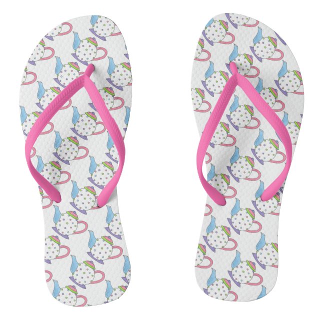 Tea Party Polka Dot Teapot Tea Pot Pastel Print Thongs (Footbed)