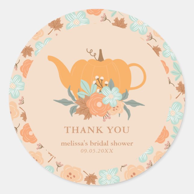 Tea Party Pumpkin Bridal Shower Thank You  Classic Round Sticker (Front)
