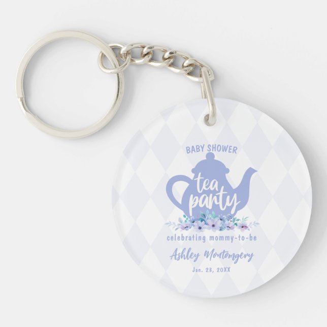 Tea Party Purple Watercolor Baby Shower Key Ring (Front)