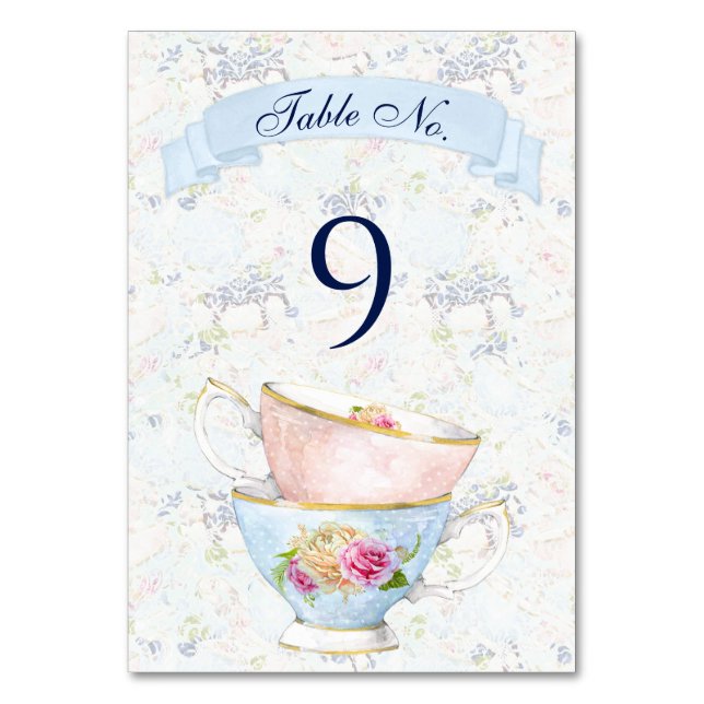 Tea Party Roses Teacups Blue White Pink Yellow Table Number (Front)