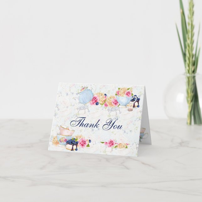 Tea Party Roses Teacups Teapot Thank You Card (Front)