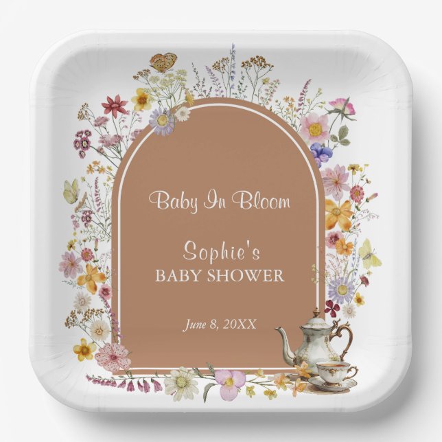 Tea Party Rustic Baby In Bloom Baby Shower Paper Plate (Front)