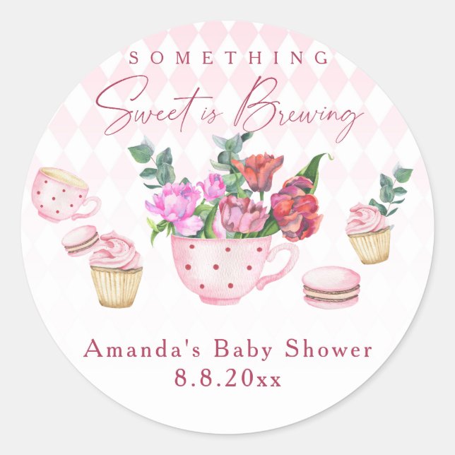 Tea Party Something Sweet is Brewing Baby shower Classic Round Sticker (Front)