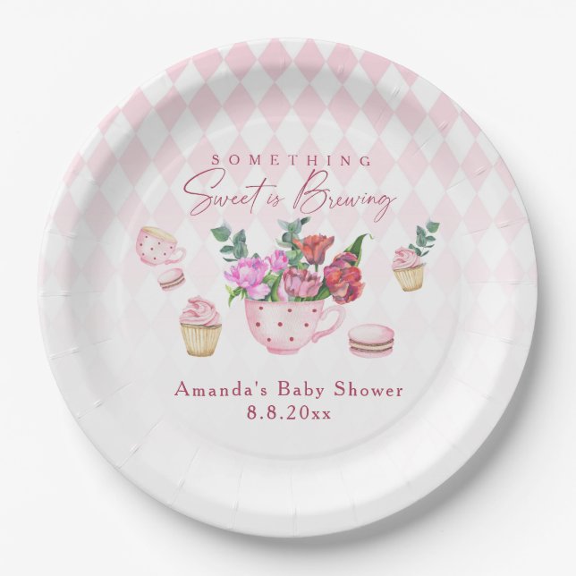 Tea Party Something Sweet is Brewing Baby shower Paper Plate (Front)
