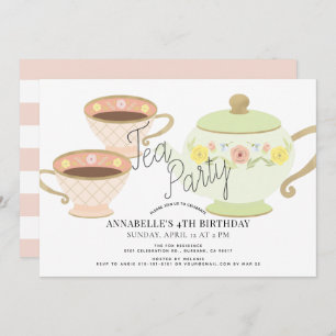 Tea Party Tea Pot & Cups Girl Birthday Invitation