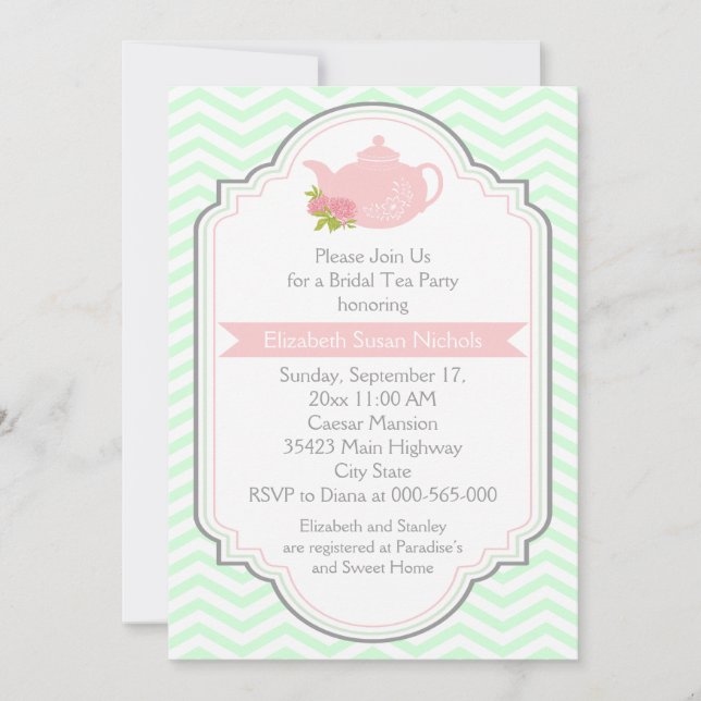 Tea party teapot, chevron pink mint bridal shower invitation (Front)