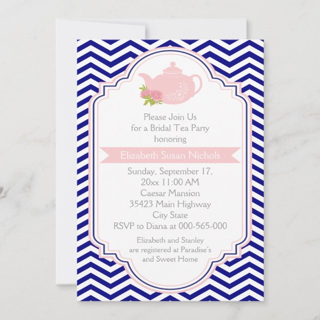 Tea party teapot, chevron pink navy bridal shower invitation (Front)