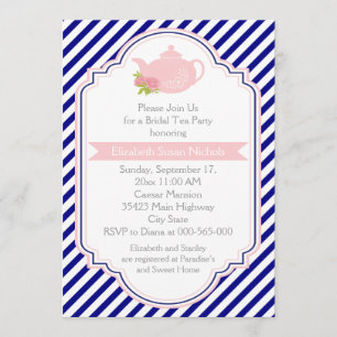 Tea party teapot, stripes pink navy bridal shower invitation