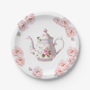 Tea Party Teapot Teacups Pink Rose Flower Paper Plate