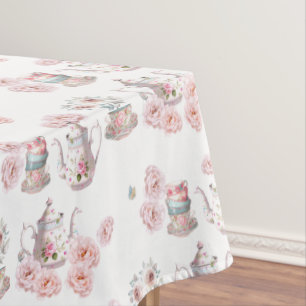 Tea Party Teapot Teacups Pink Rose Flower Tablecloth
