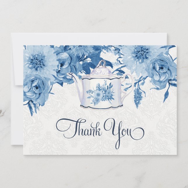Tea Party Thank You Note Navy Blue n White Floral (Front)