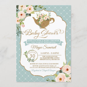 Tea Party Turquoise Blue Blush Floral Baby Shower Invitation