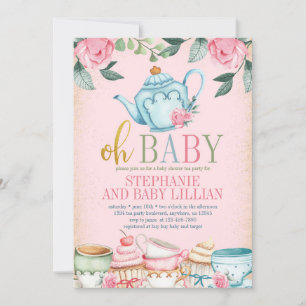 Tea Party Watercolor Floral Baby Shower Invitation