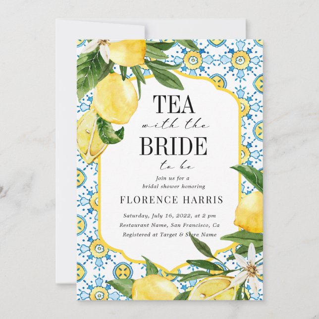 Tea Party Yellow Lemon Mediterranean Bridal Shower Invitation (Front)