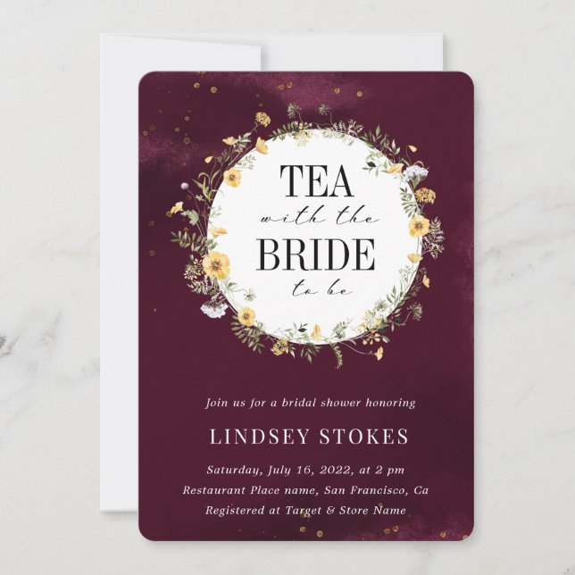 Tea Party Yellow Wildflower Burgundy Bridal Shower Invitation (Front)