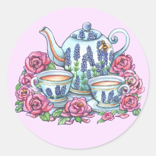 Tea Pot and Roses Classic Round Sticker (Front)