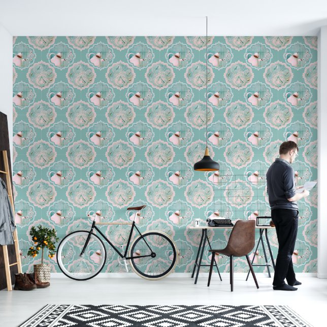 Tea Pot And Tulips Green Wallpaper (Living Room)