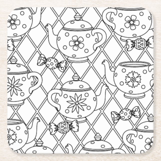 Tea Pot Doodle Square Paper Coaster (Front)