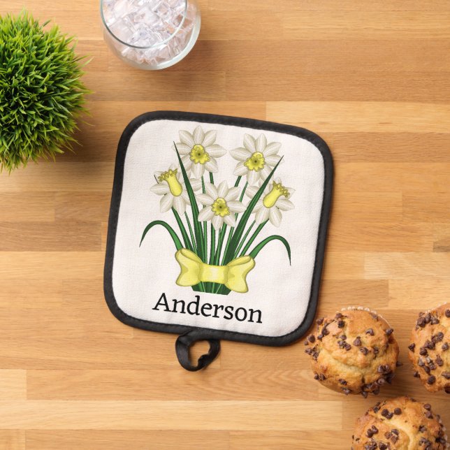Tea pot yellow green potholders, personalised holder (Top Down)