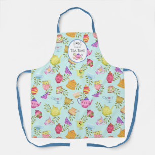 Tea Pots and Cups Blue All-Over Print Apron