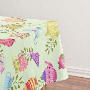 Tea Pots and Cups Green Tablecloth