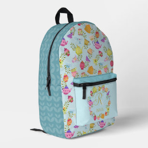 Tea Pots and Cups Monogram Blue Printed Backpack