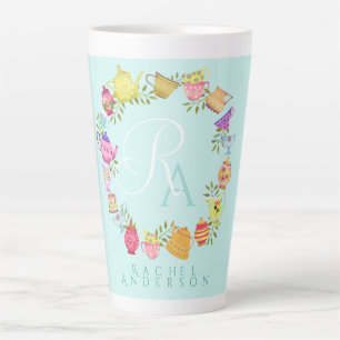 Tea Pots and Cups Monogram Pastel Blue Mug