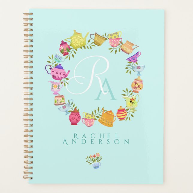  Tea Pots and Cups Monogram Pastel Blue Planner (Front)