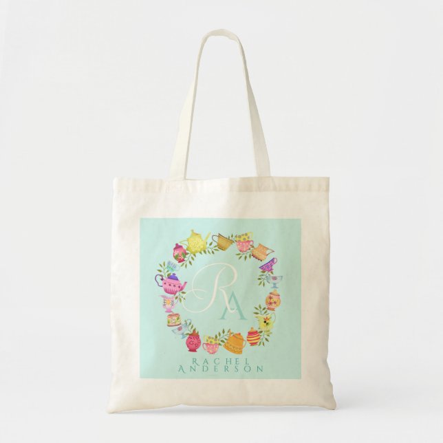  Tea Pots and Cups Monogram Pastel Blue Tote Bag (Front)