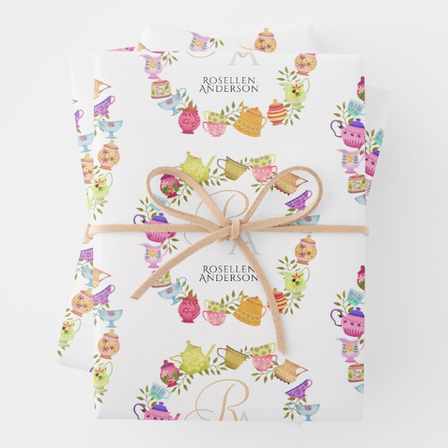  Tea Pots and Cups Monogram Wrapping Paper Sheet (In situ)