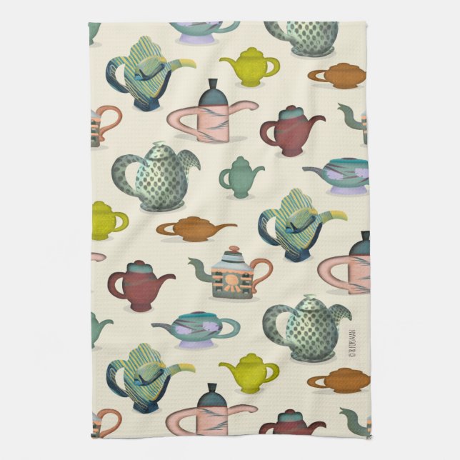 Tea pots in a pretty pattern tea towel (Vertical)