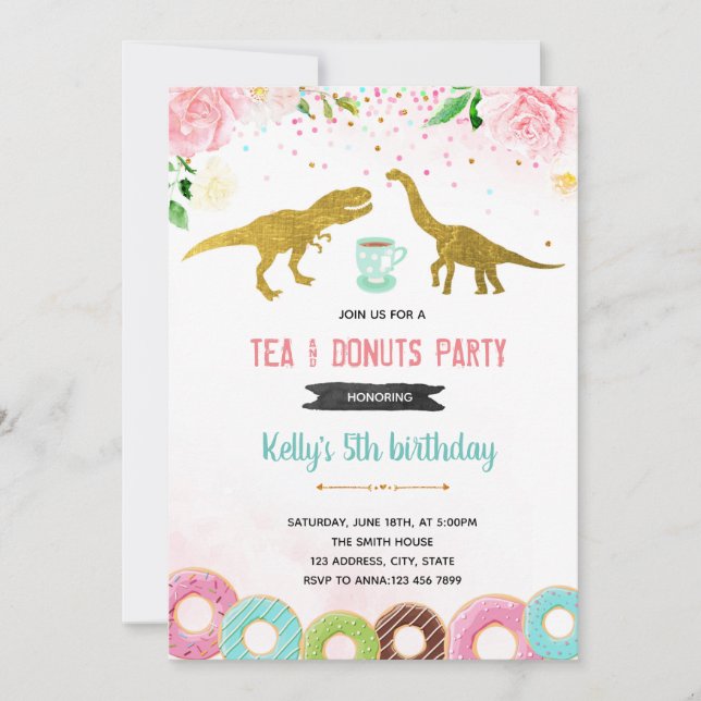 Tea rex doughnut girl party invitation (Front)