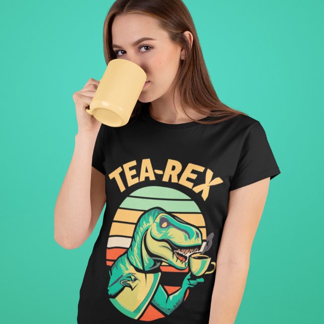Tea-Rex T-Shirt (Tea-Rex T-shirt on Woman Drinking from a Yellow Mug)
