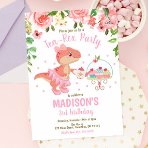 Tea-Rex Tutu Party Dinosaur Girl Pink 3rd Birthday Invitation