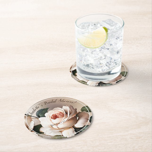 Tea Rose Bridal Shower Round Paper Coaster (Insitu)