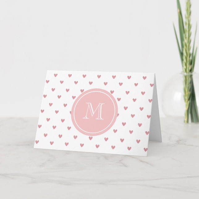 Tea Rose Pink Glitter Hearts with Monogram Note Card (Front)