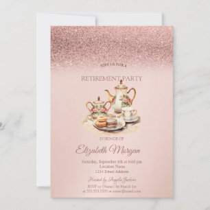 Tea Service Rose Gold Glitter Retirement  Invitation